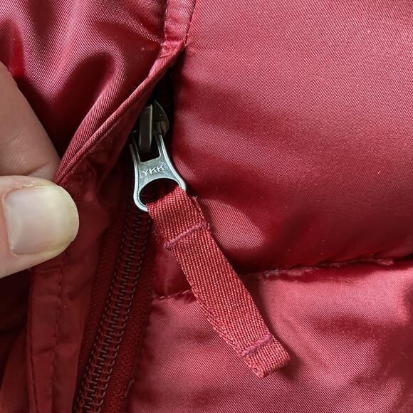 Eddie Bauer Jacket Sz M Red Quilted Goose Down Puffer Fleece Cuffs Short Shinny - Picture 5 of 16